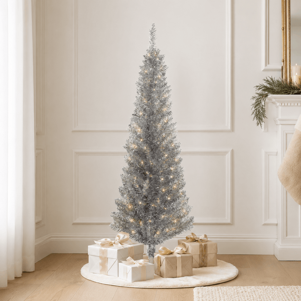 Silver Pencil Artificial Christmas Tree, 294 Tips, Unlit Slim Design