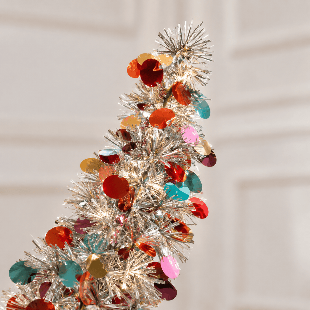 Silver Pop-Up Christmas Tree with Colorful Ornaments, 5' Tall Slim