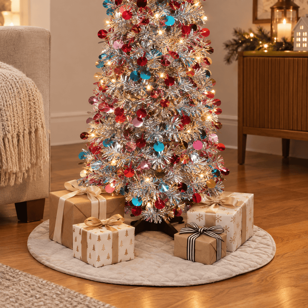 Silver Pop-Up Christmas Tree with Colorful Ornaments, 5' Tall Slim