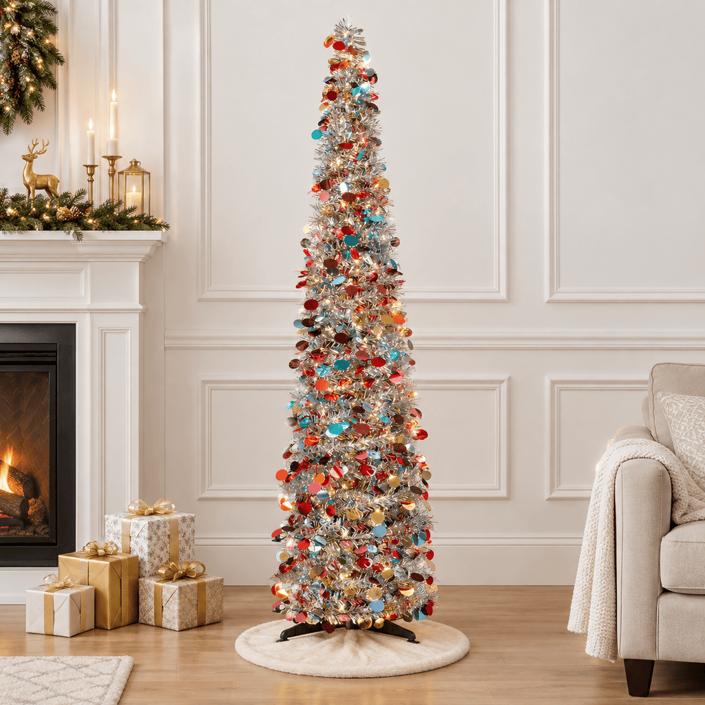 Silver Pop-Up Christmas Tree with Colorful Ornaments, 5' Tall Slim