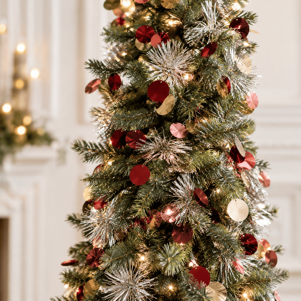 Silver Pop-Up Christmas Tree with Colorful Ornaments, 5' Tall Slim