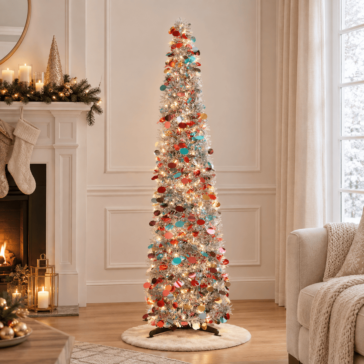 Silver Pop-Up Christmas Tree with Colorful Ornaments, 5' Tall Slim