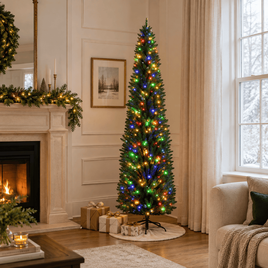 Slim Green Prelit Christmas Tree, 850 Branch Tips, 350 Multicolor LED 