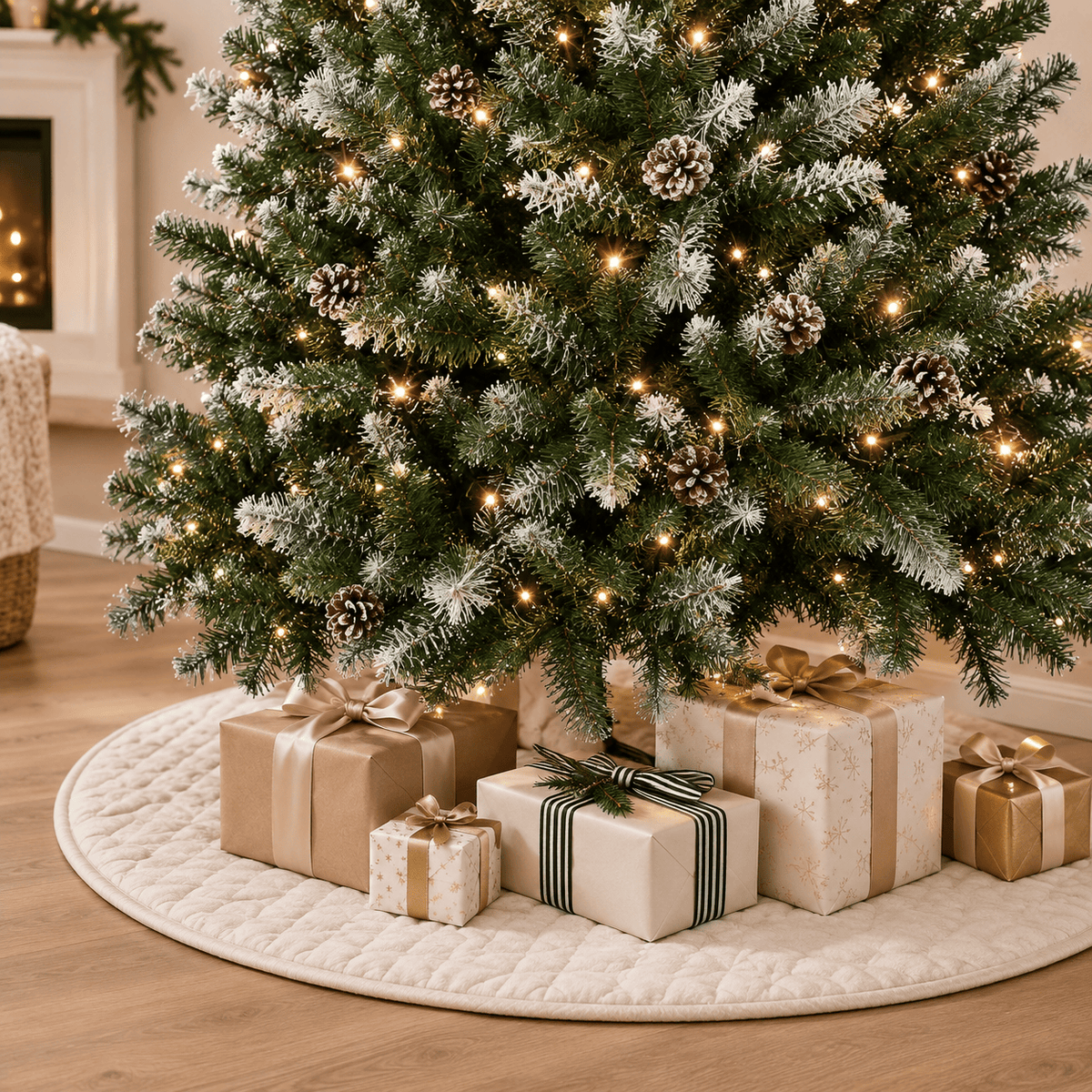 Snow Flocked Artificial Christmas Tree with Pinecones & Hinged Branche