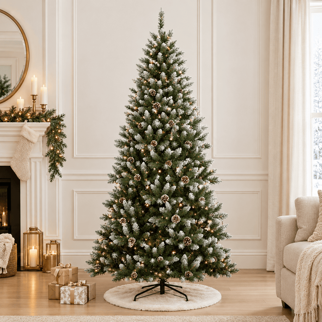 Snow Flocked Artificial Christmas Tree with Pinecones & Hinged Branche