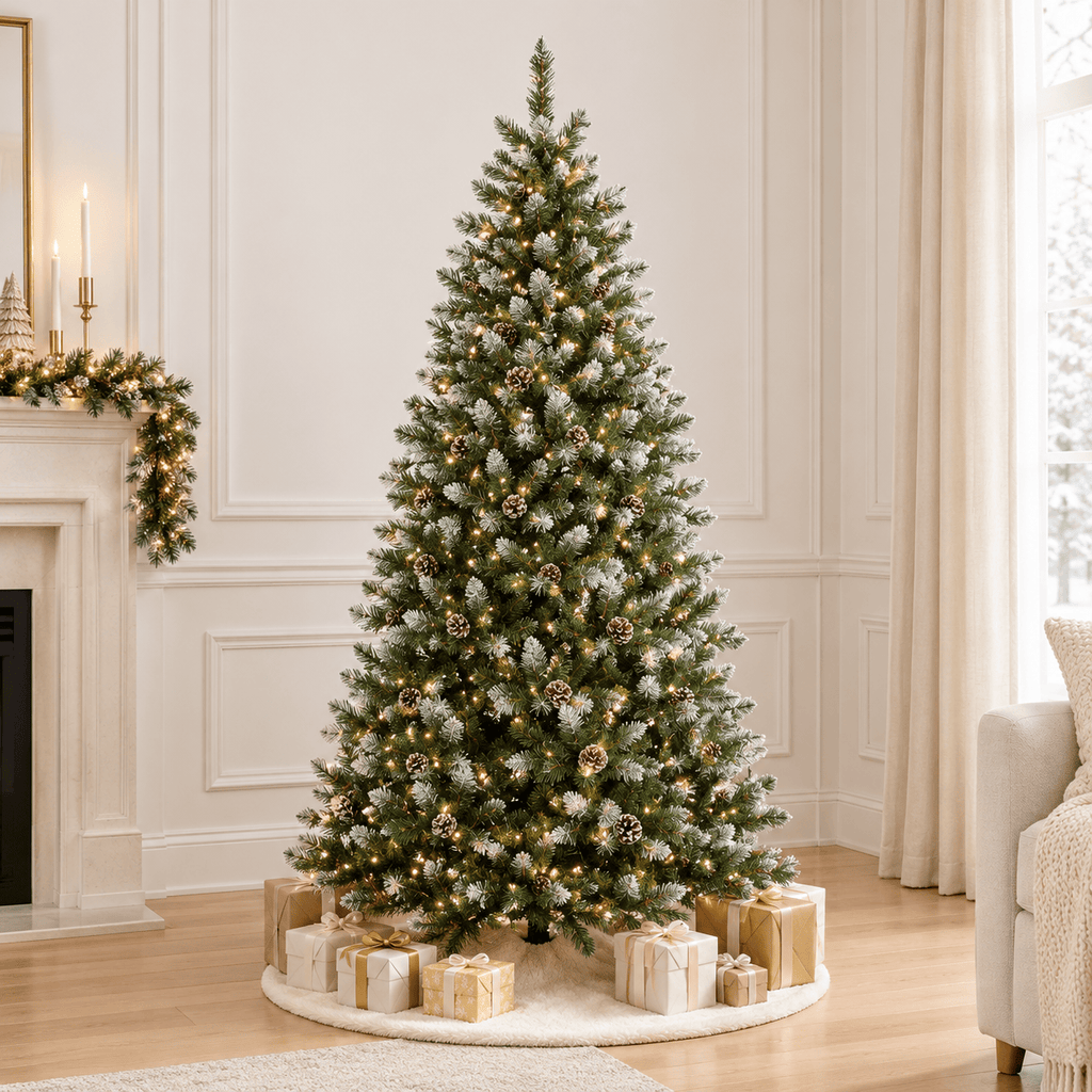 Snow Flocked Artificial Christmas Tree with Pinecones & Hinged Branche