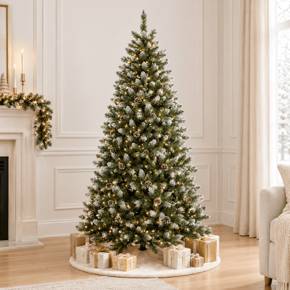 Snow Flocked Artificial Christmas Tree with Pinecones & Hinged Branche