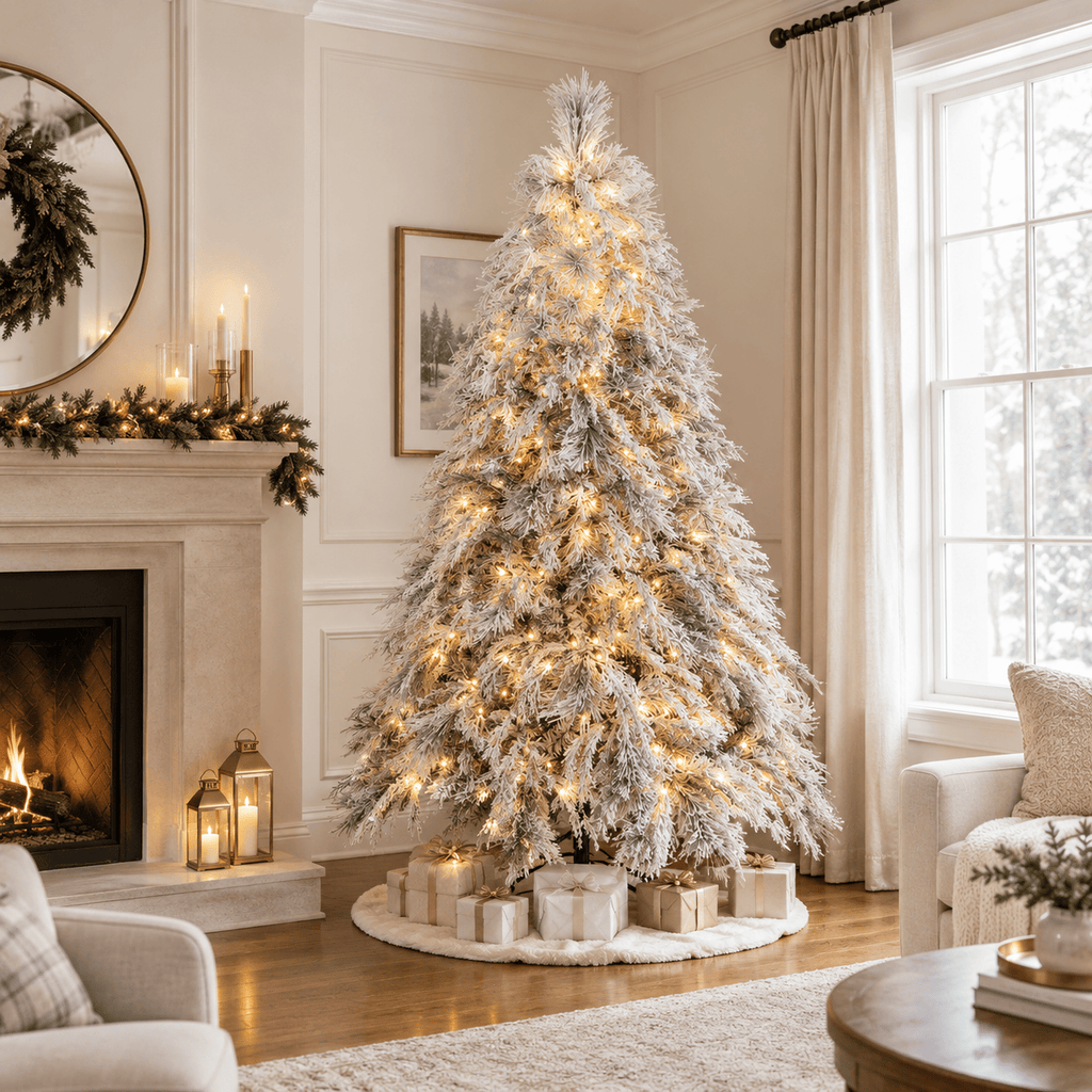 Snow Flocked Artificial Christmas Tree with Warm LED Lights, Hinged