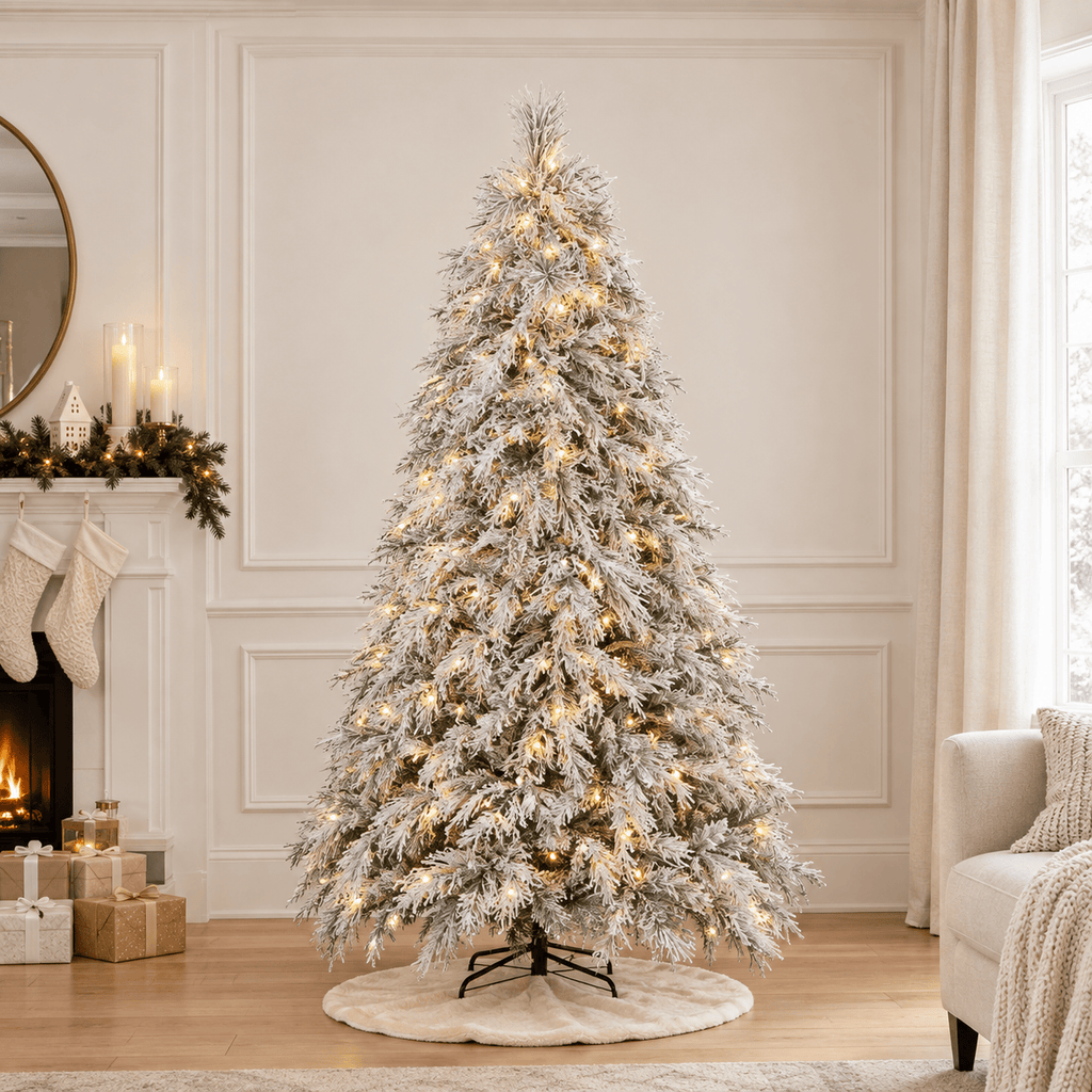 Snow Flocked Artificial Christmas Tree with Warm LED Lights, Hinged