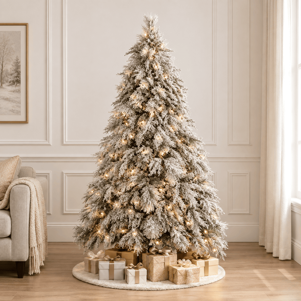 Snow Flocked Artificial Christmas Tree with Warm LED Lights, Hinged