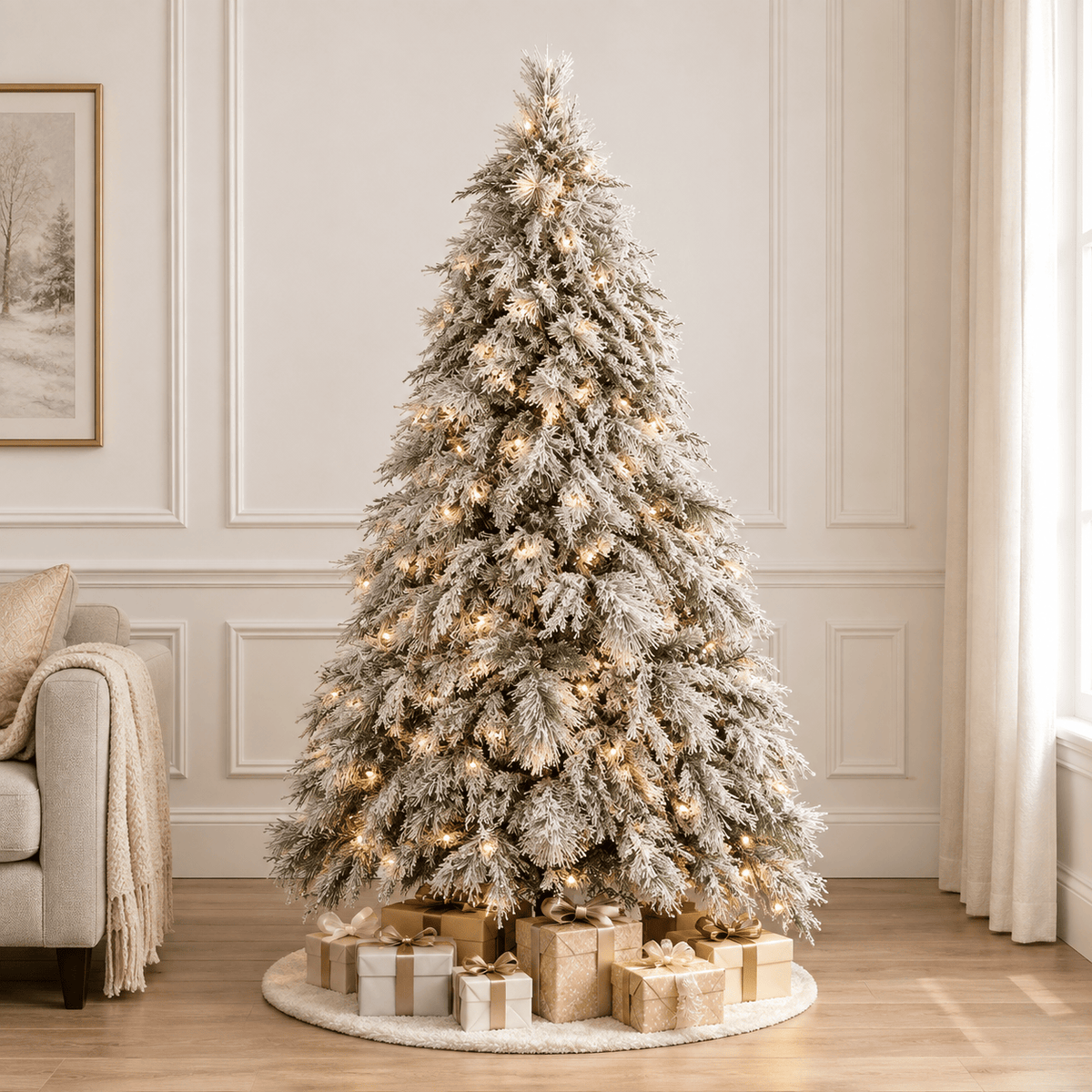Snow Flocked Artificial Christmas Tree with Warm LED Lights, Hinged