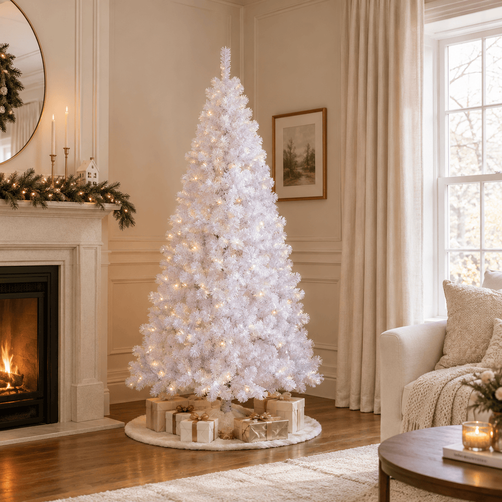 White Artificial PVC Christmas Tree with Metal Stand, Full Shape