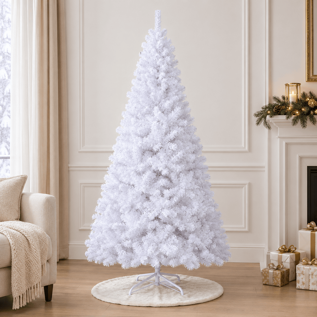 White Artificial PVC Christmas Tree with Metal Stand, Full Shape