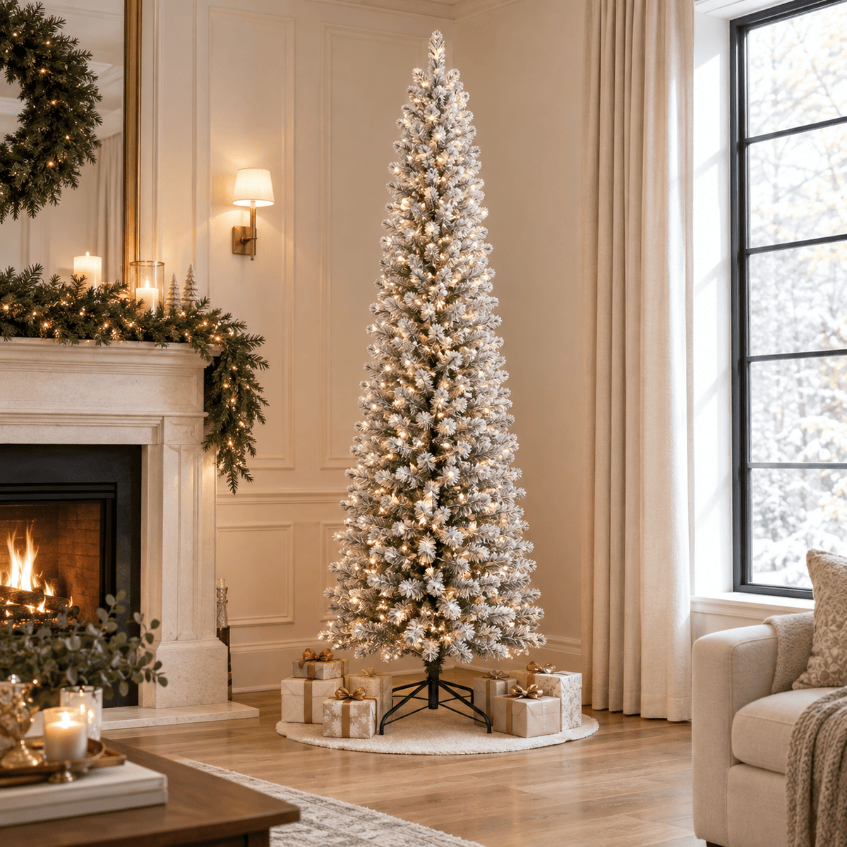 White Flocked Pencil Christmas Tree with Warm LED Lights, Slim Design
