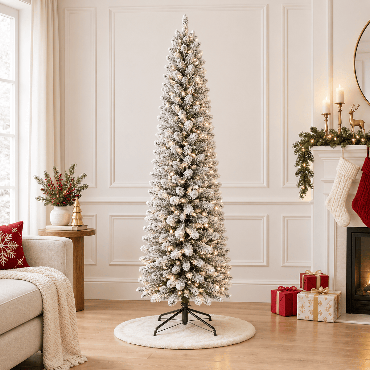 White Flocked Pencil Christmas Tree with Warm LED Lights, Slim Design