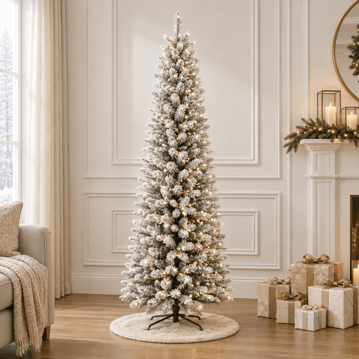 White Flocked Pencil Christmas Tree with Warm LED Lights, Slim Design