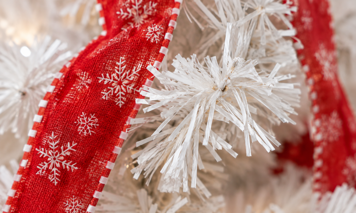 White Pre-Decorated Christmas Tree with Red Ornaments - Realism