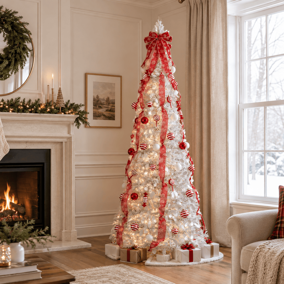White Pre-Decorated Pop-Up Christmas Tree with 100 LED Lights & Red Or