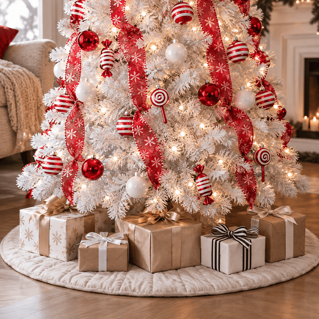 White Pre-Decorated Pop-Up Christmas Tree with 100 LED Lights & Red Or