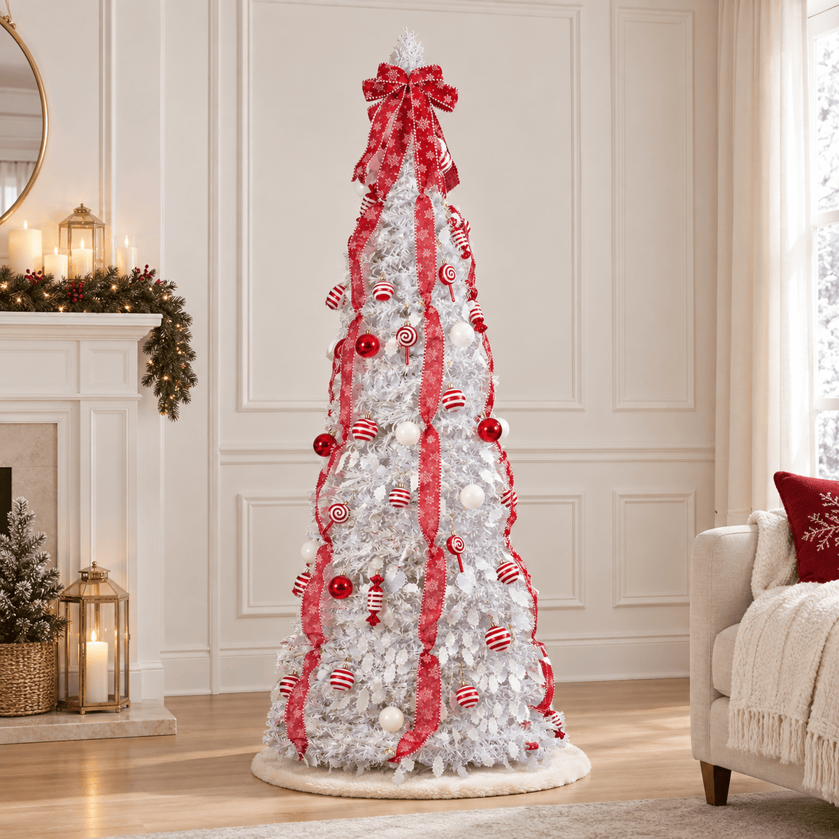 White Pre-Decorated Pop-Up Christmas Tree with 100 LED Lights & Red Or