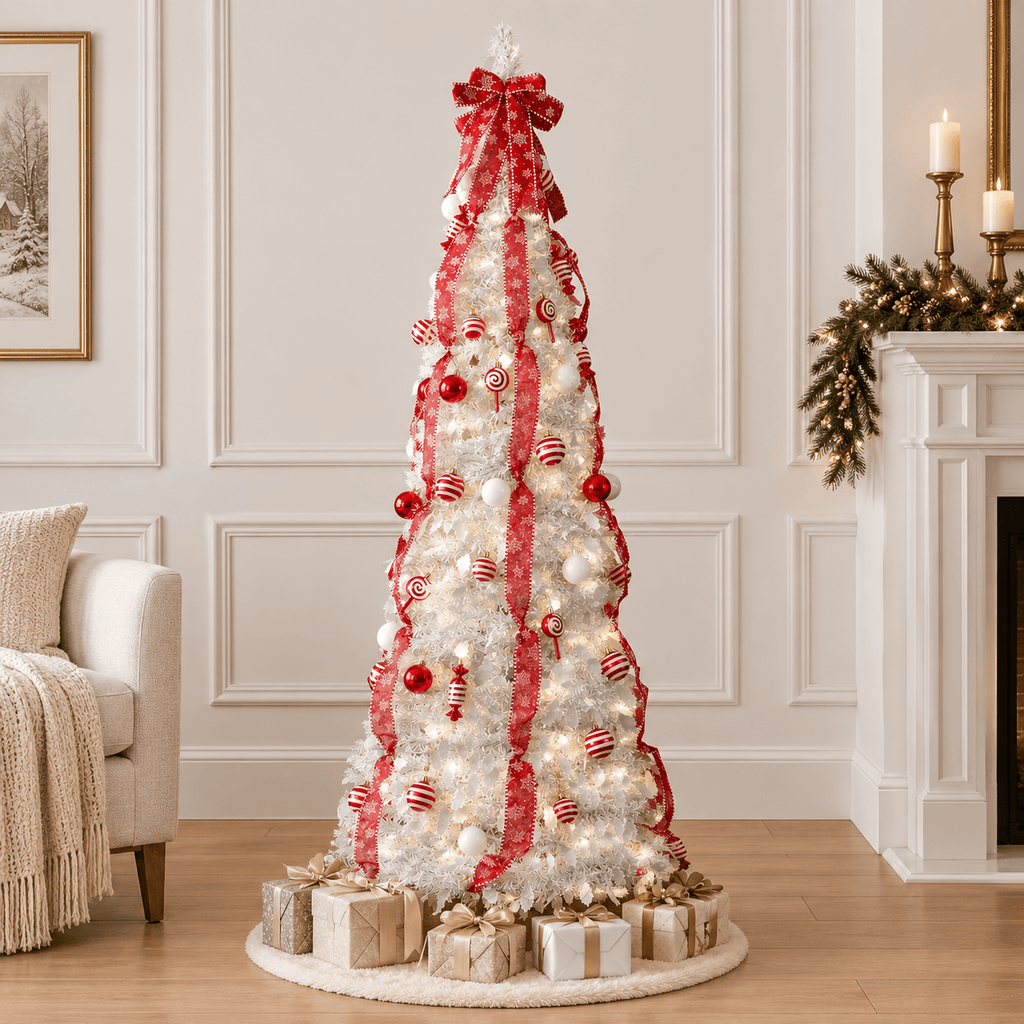 White Pre-Decorated Pop-Up Christmas Tree with 100 LED Lights & Red Or