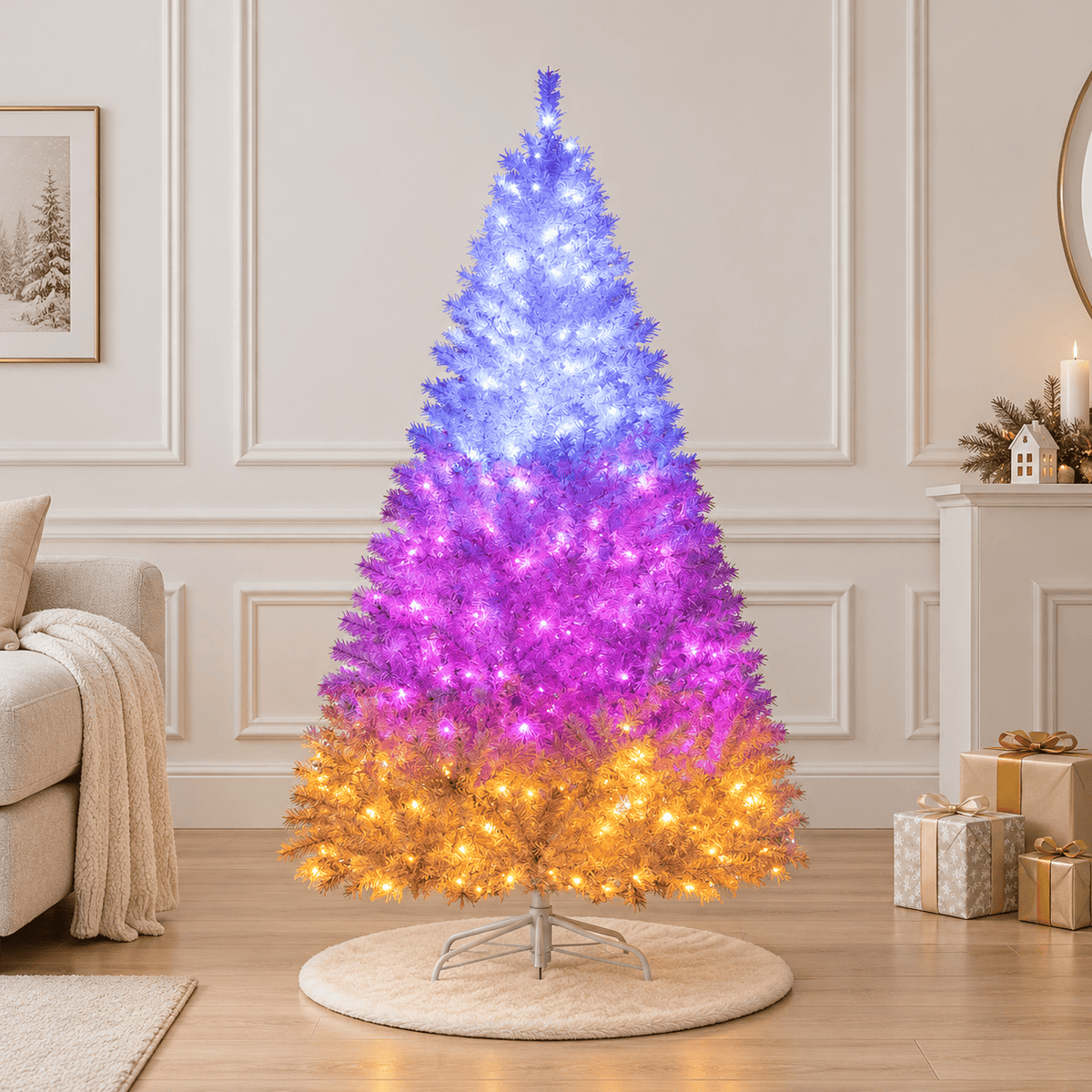 White Pre-Lit Artificial Christmas Tree with 11 LED Lighting Modes